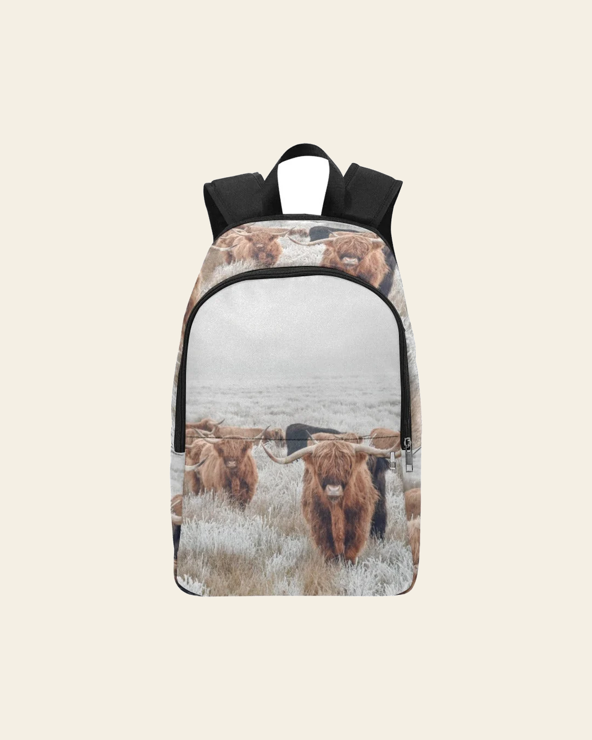 Highland Cow Herd Backpack on a warm cream background