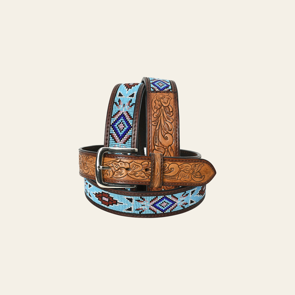 HILASON Beaded Leather Western Belt - Hand-Tooled Unisex Cowboy