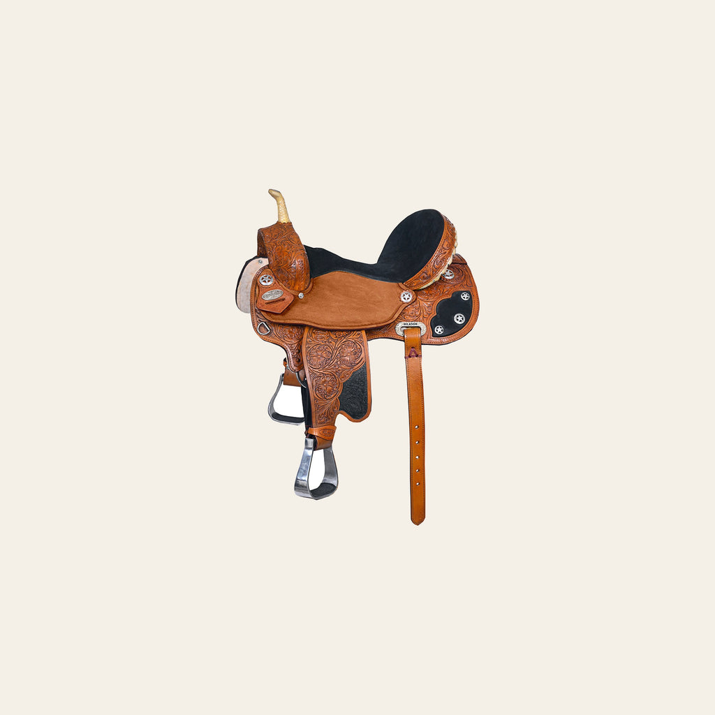 Hilason Flex Tree Western Horse Saddle American Leather Trail Barrel Tan With Floral Hand Carved
