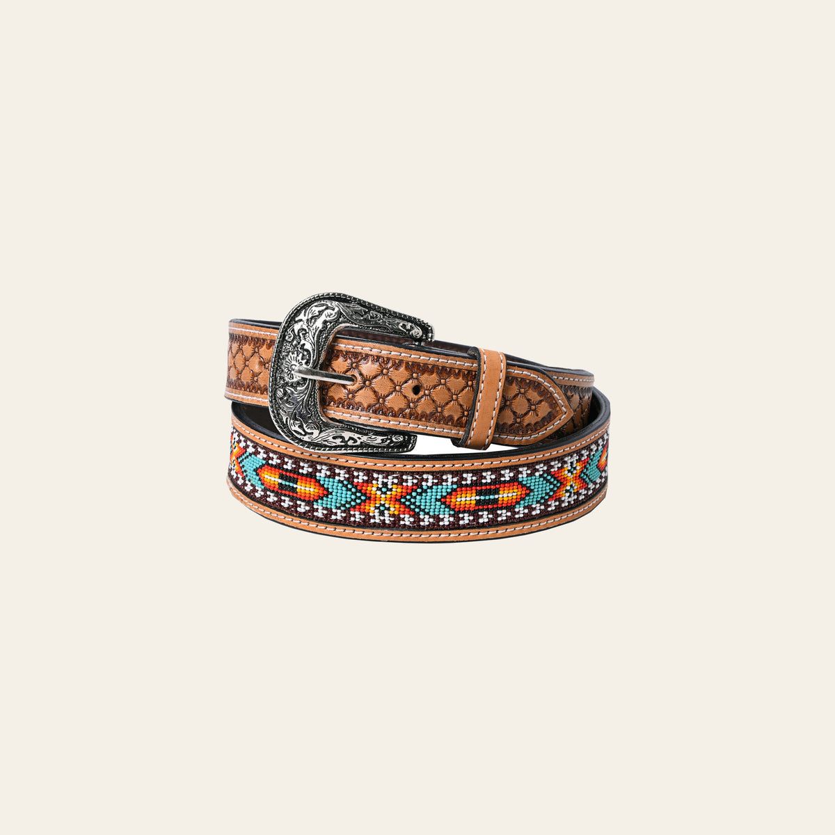 HILASON Hand-Tooled Leather Western Belt with Beaded Design
