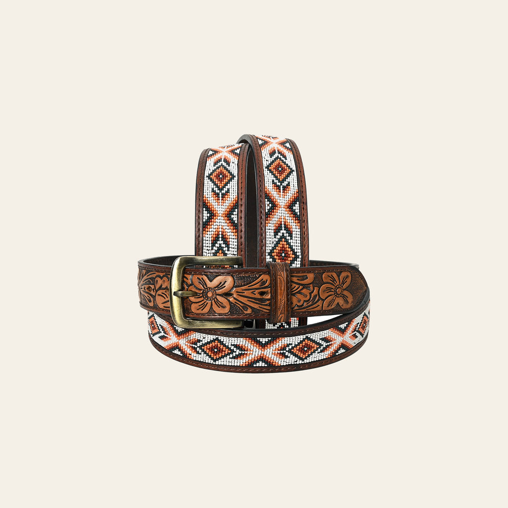 HILASON Hand-Tooled Western Leather Belt with Beadwork