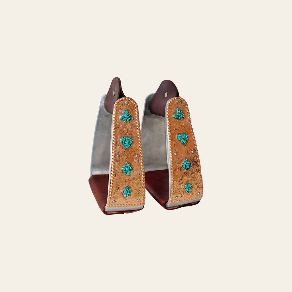 HILASON Saddle Stirrup Stirrups Pair Engraved Copper Card Suits Turquoise Chip Inlay Leather Treads