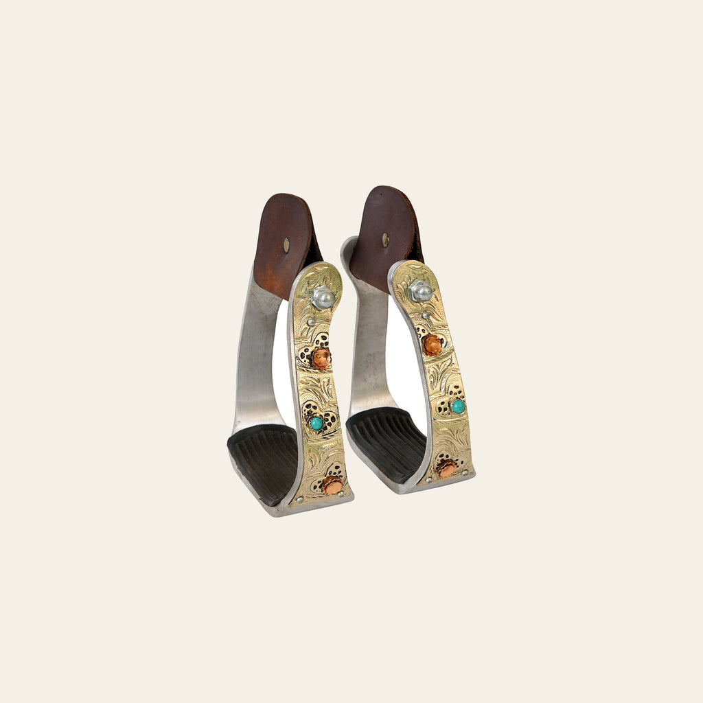 HILASON Saddle Stirrup Stirrups Pair Western Engraved Aluminum Brass Overlays Turquoise Inlays Rubber Treads