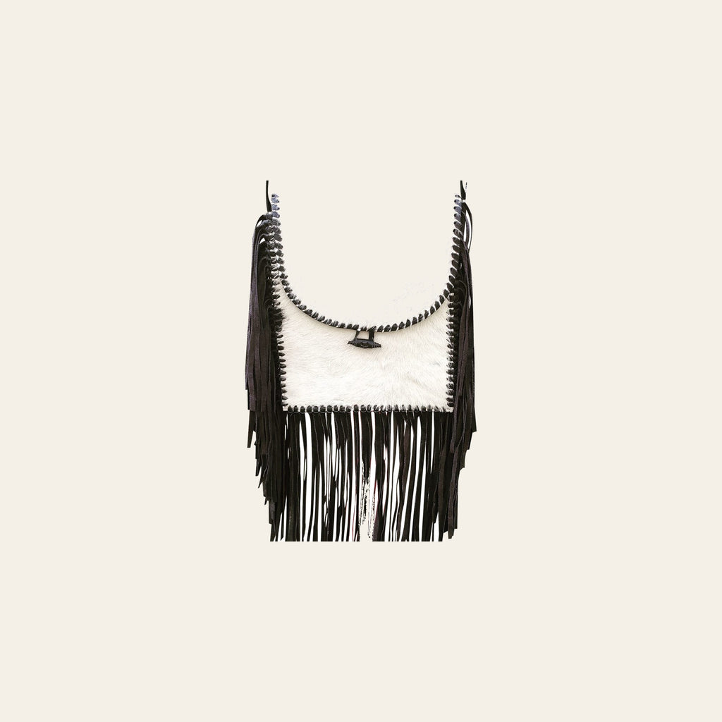 HILASON Western Genuine Leather Hairon Crossbody Bag With 12" Fringes White