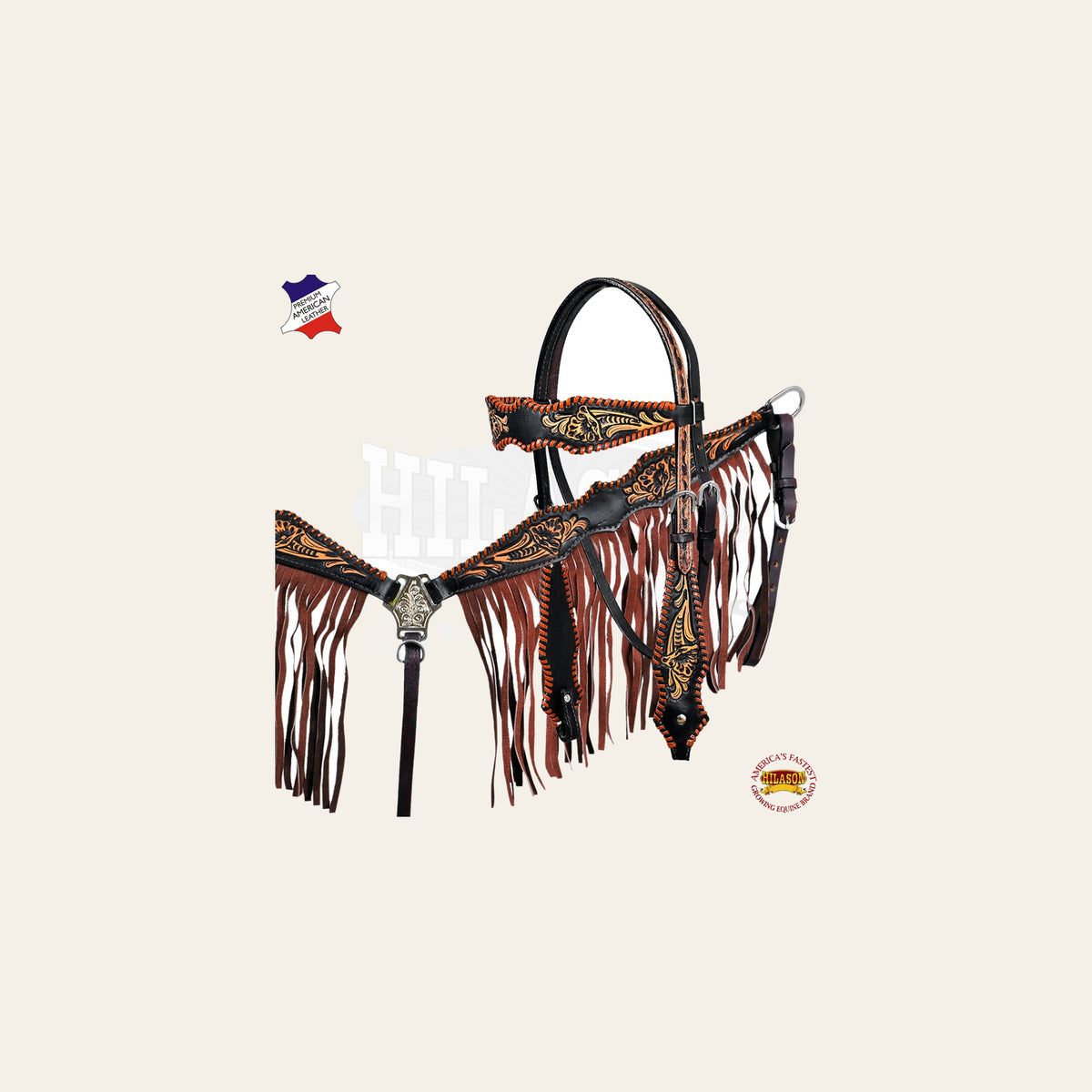 HILASON Western Horse Floral Fringes Headstall Breast Collar Set Genuine Leather Black