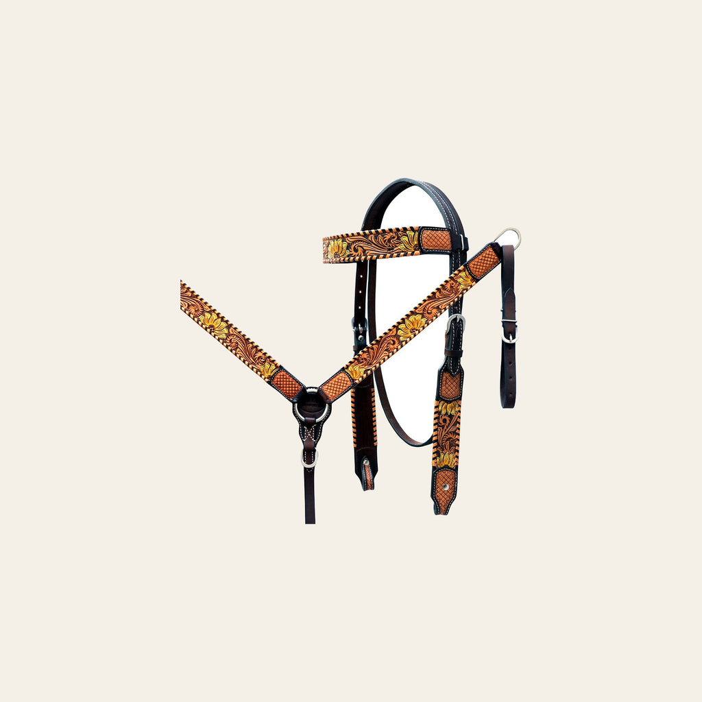 HILASON Western Horse Tack Set American Leather Dark Brown Harness | Headstall Breast Collar for Horses