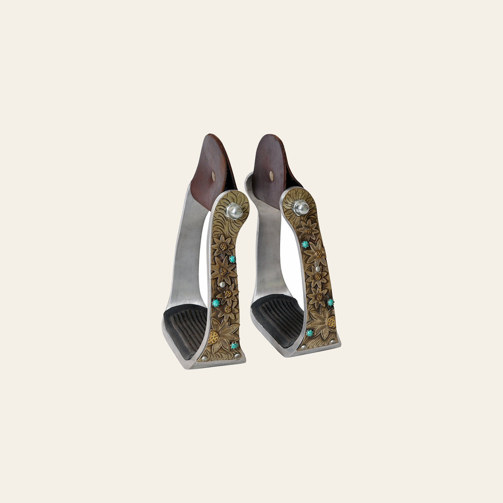 HILASON Western Saddle Stirrup Stirrups Pair Engraved Antique Brass Sunflower Turquoise Inlay Rubber Tread Pair