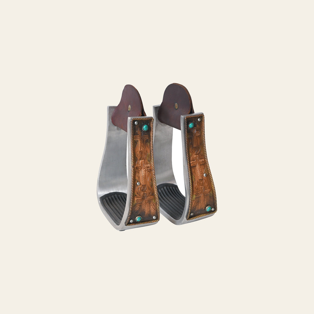 HILASON Western Saddle Stirrup Stirrups Pair Engraved Copper Crosses Turquoise Inlay Rubber Tread Aluminum Pair