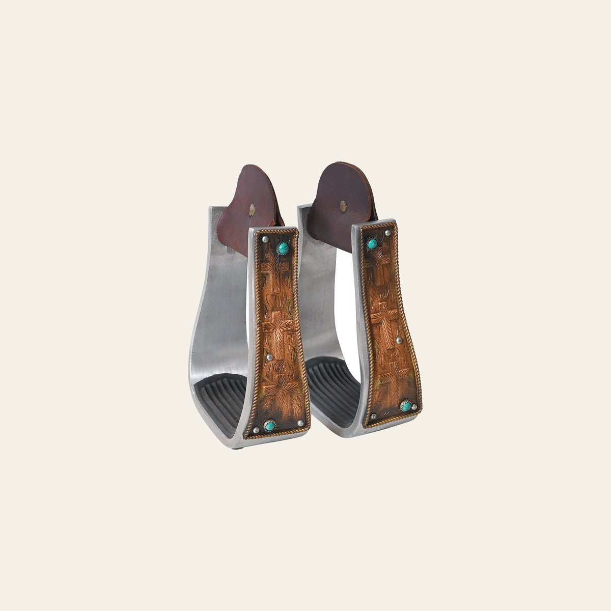 HILASON Western Saddle Stirrup Stirrups Pair Engraved Copper Crosses Turquoise Inlay Rubber Tread Aluminum Pair