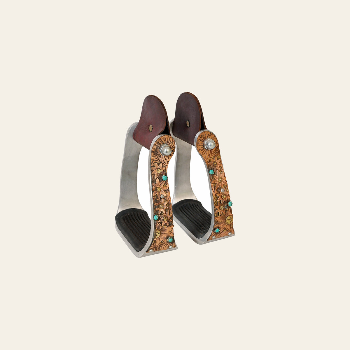 HILASON Western Saddle Stirrup Stirrups Pair Engraved Copper Sunflower Turquoise Inlay Rubber Tread Aluminum Pair