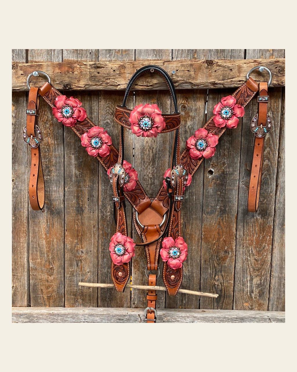 Honey Colored Floral Pink and Turquoise Tack Set #BBBC545 on a warm cream background