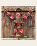 Honey Colored Floral Pink and Turquoise Tack Set #BBBC545 on a warm cream background