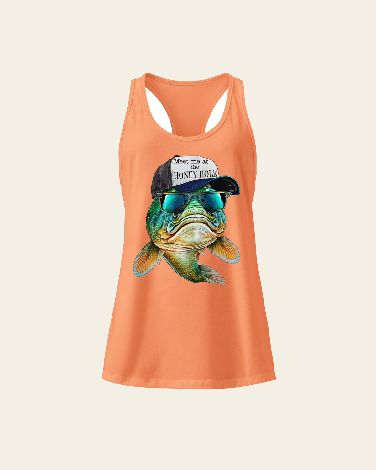 Honey Hole Fish Women’s Fitted Racerback Tank Top on a warm cream background