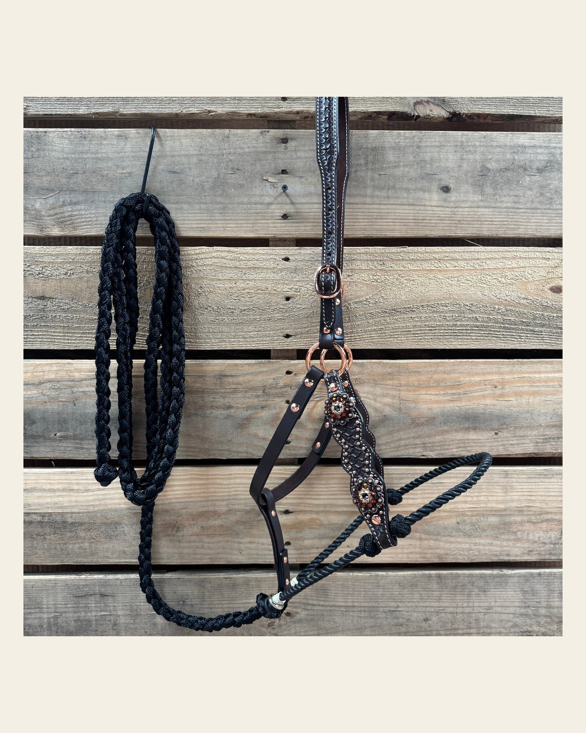 Honeycomb Tooled Lariat & Leather Combo Halter #LH100 on a warm cream background