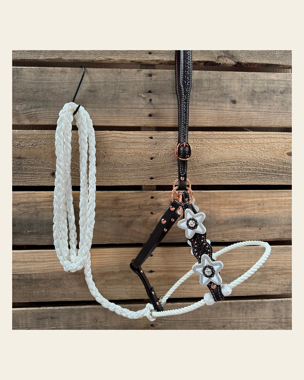 Honeycomb Tooled Lariat & Leather Combo Halter #LH120 on a warm cream background