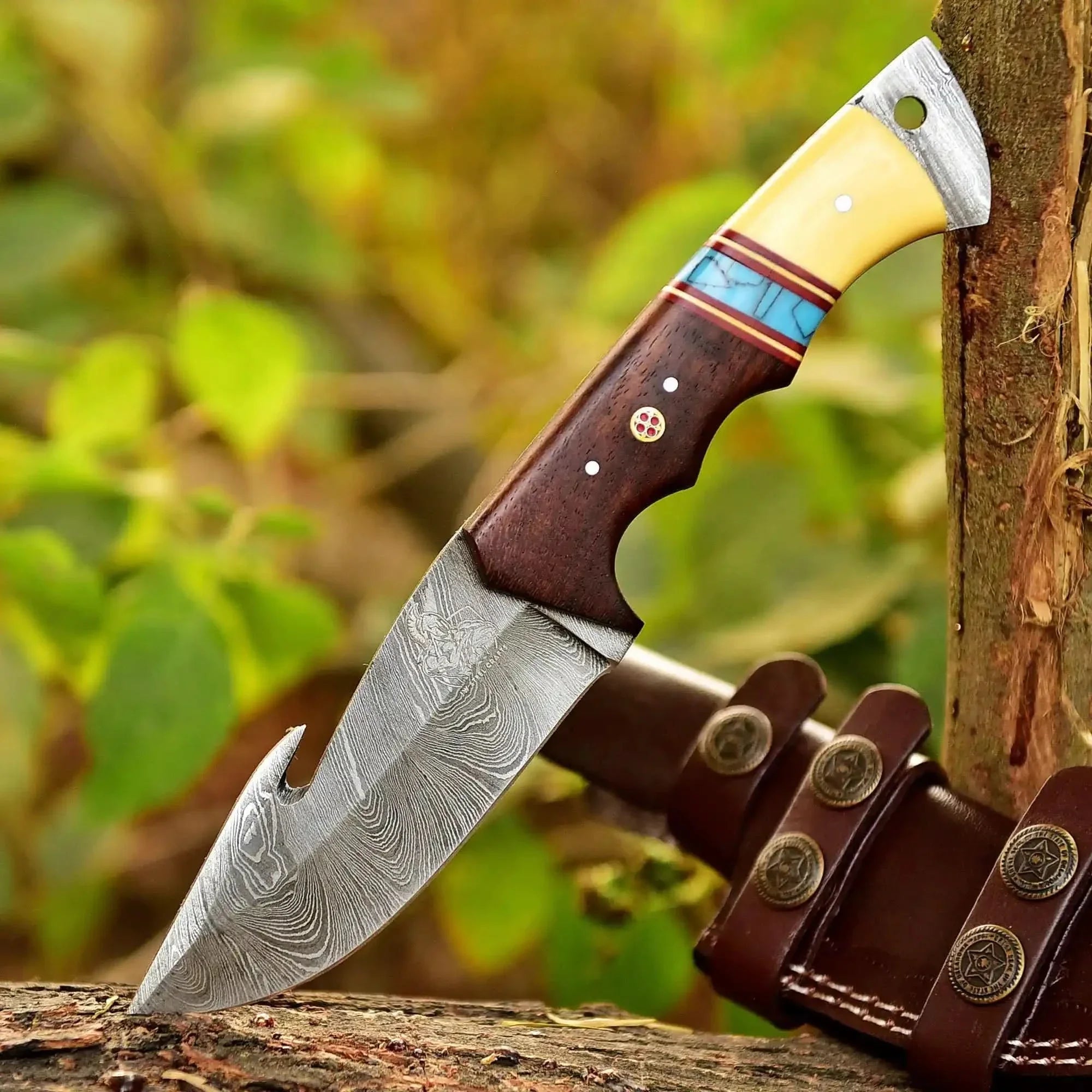 10-Inch Damascus Gut Hook Hunting Knife — Bone, Turquoise Resin & Rosewood Handle
