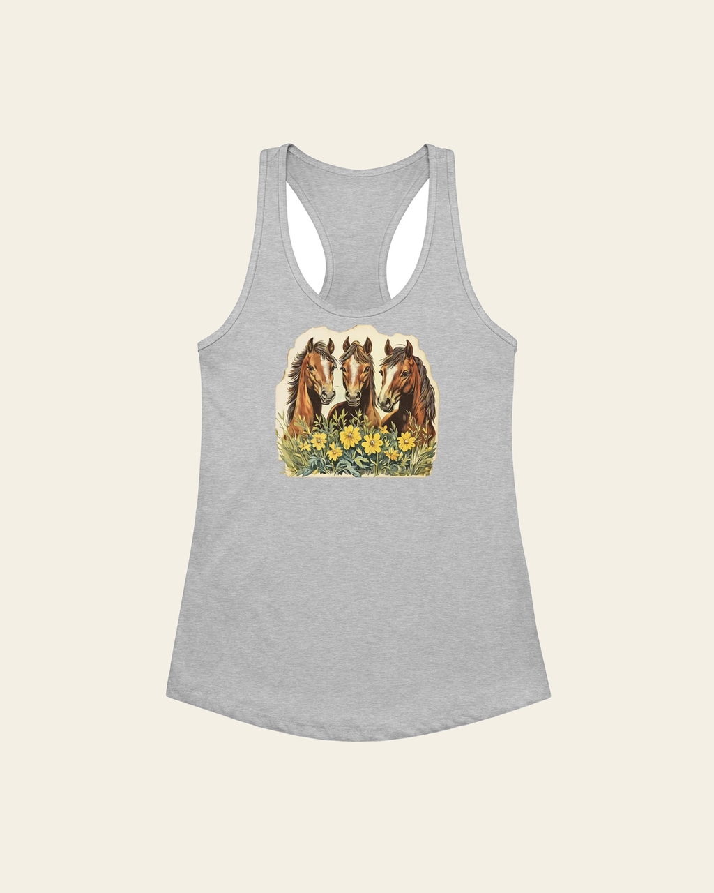 Horse Trio Women’s Fitted Racerback Tank Top on a warm cream background