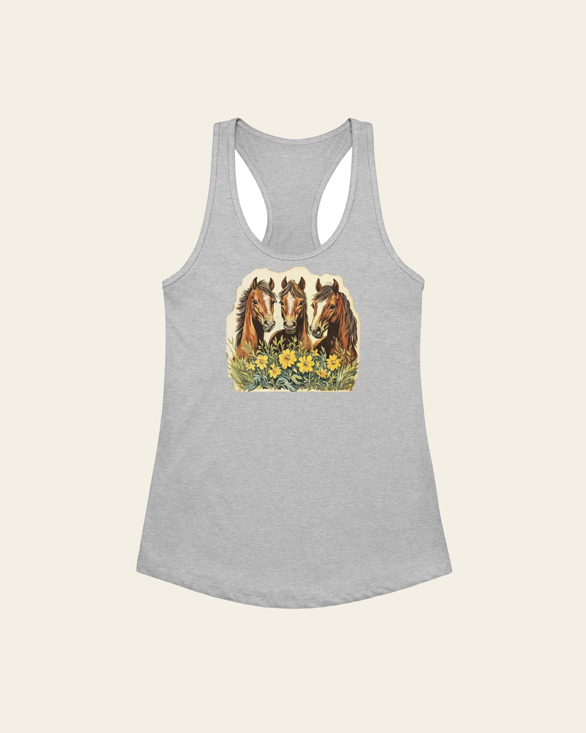 Horse Trio Women’s Fitted Racerback Tank Top on a warm cream background