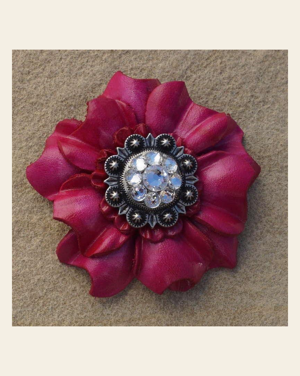 Hot Pink Carnation Flower With Antique Silver Clear 1" Concho on a warm cream background