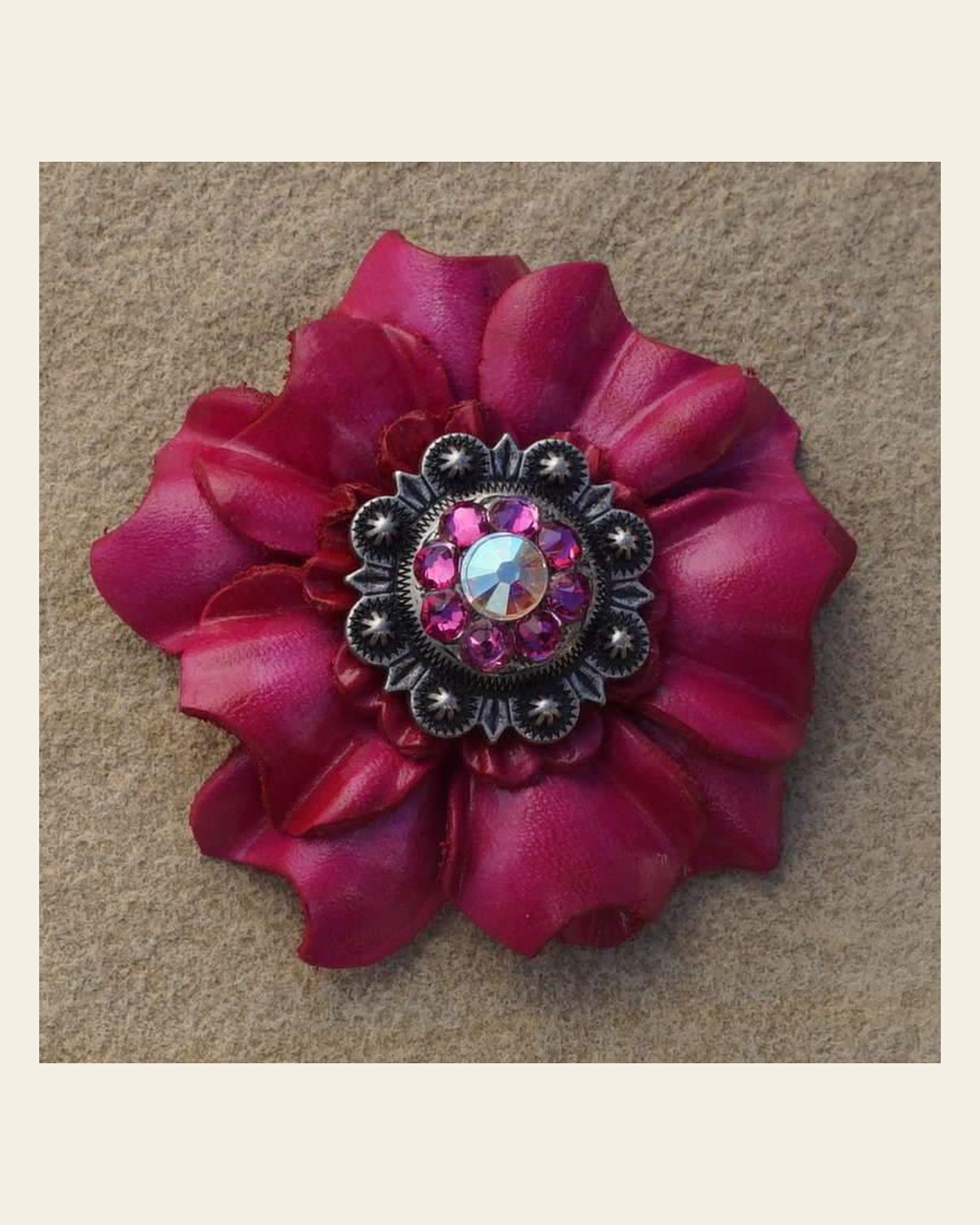 Hot Pink Carnation Flower With Antique Silver Fuchsia & AB 1" Concho on a warm cream background