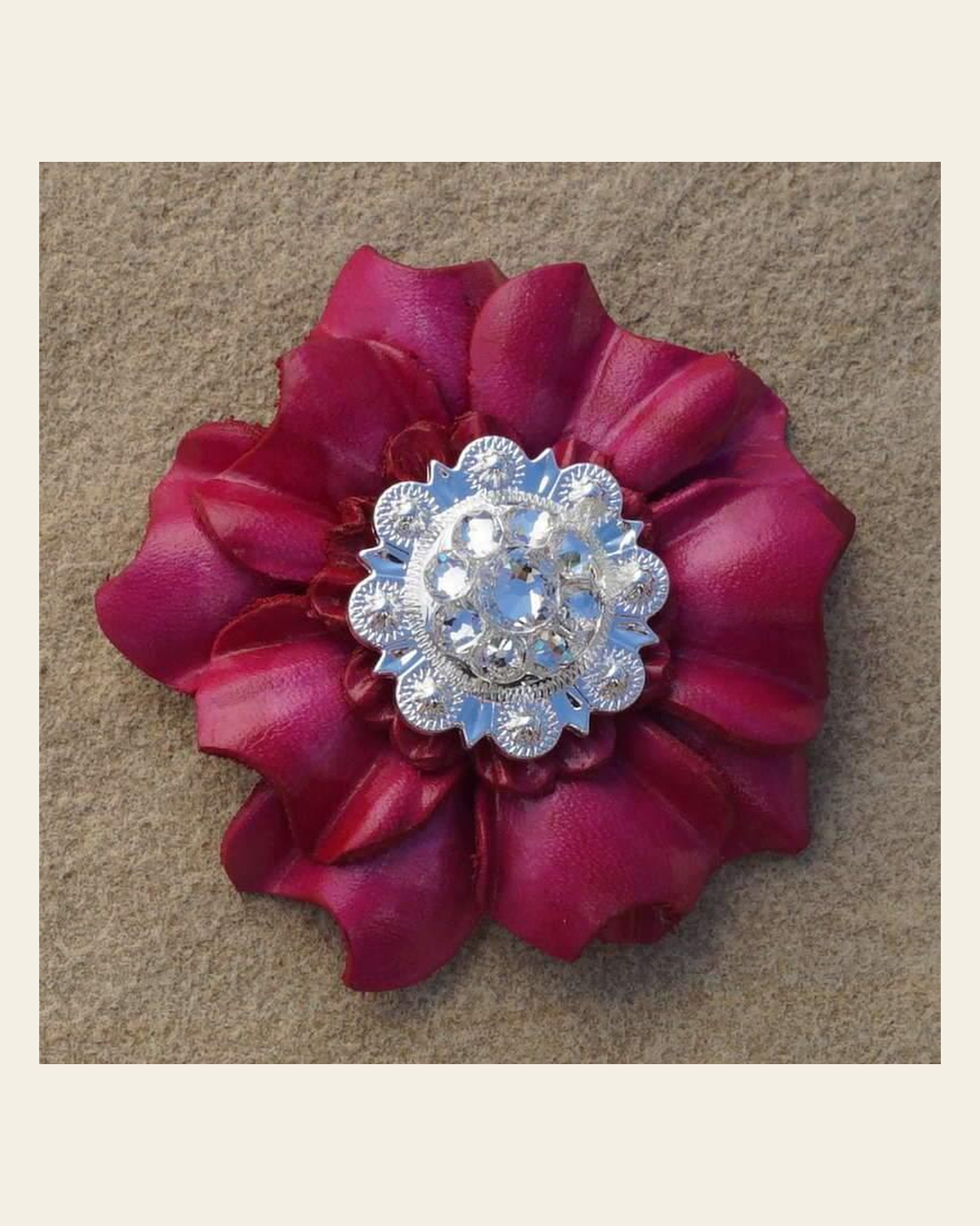 Hot Pink Carnation Flower With Bright Silver Clear 1" Concho on a warm cream background