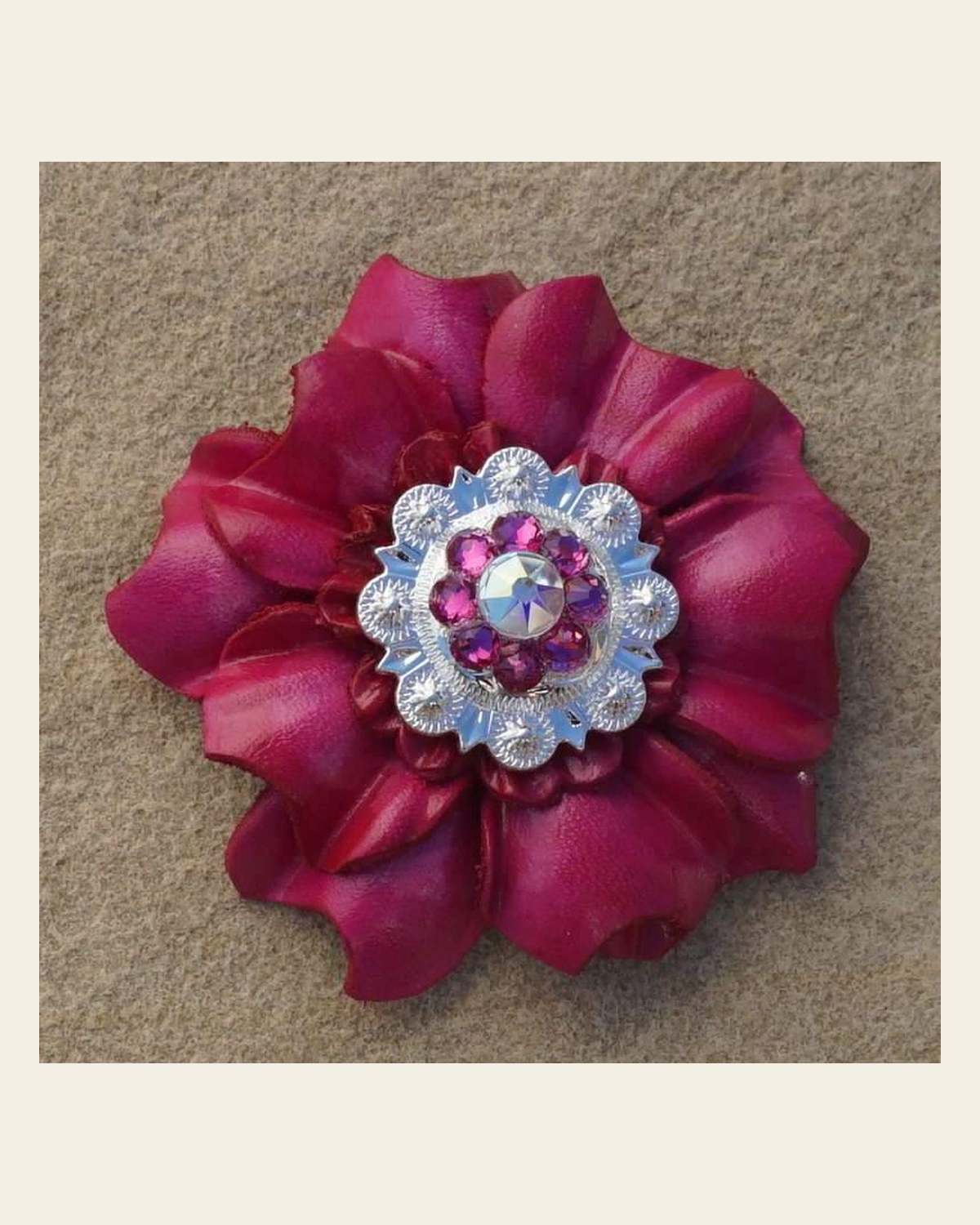 Hot Pink Carnation Flower With Bright Silver Fuchsia & AB 1" Concho on a warm cream background