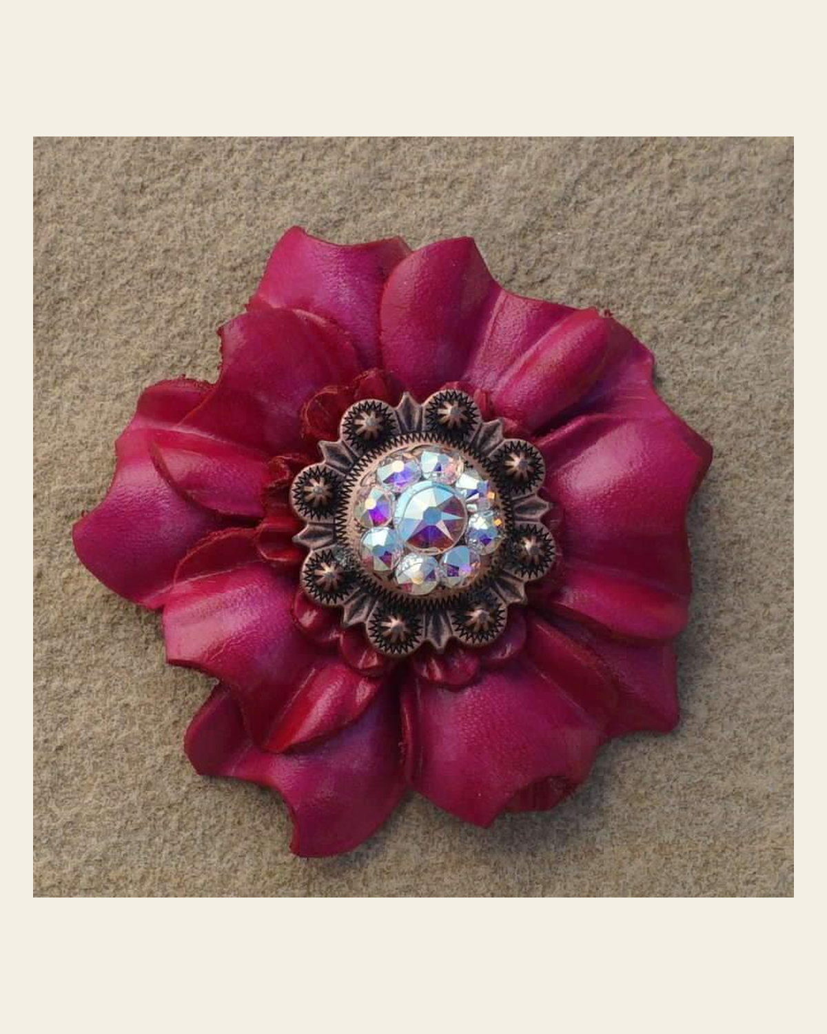 Hot Pink Carnation Flower With Copper AB 1" Concho on a warm cream background