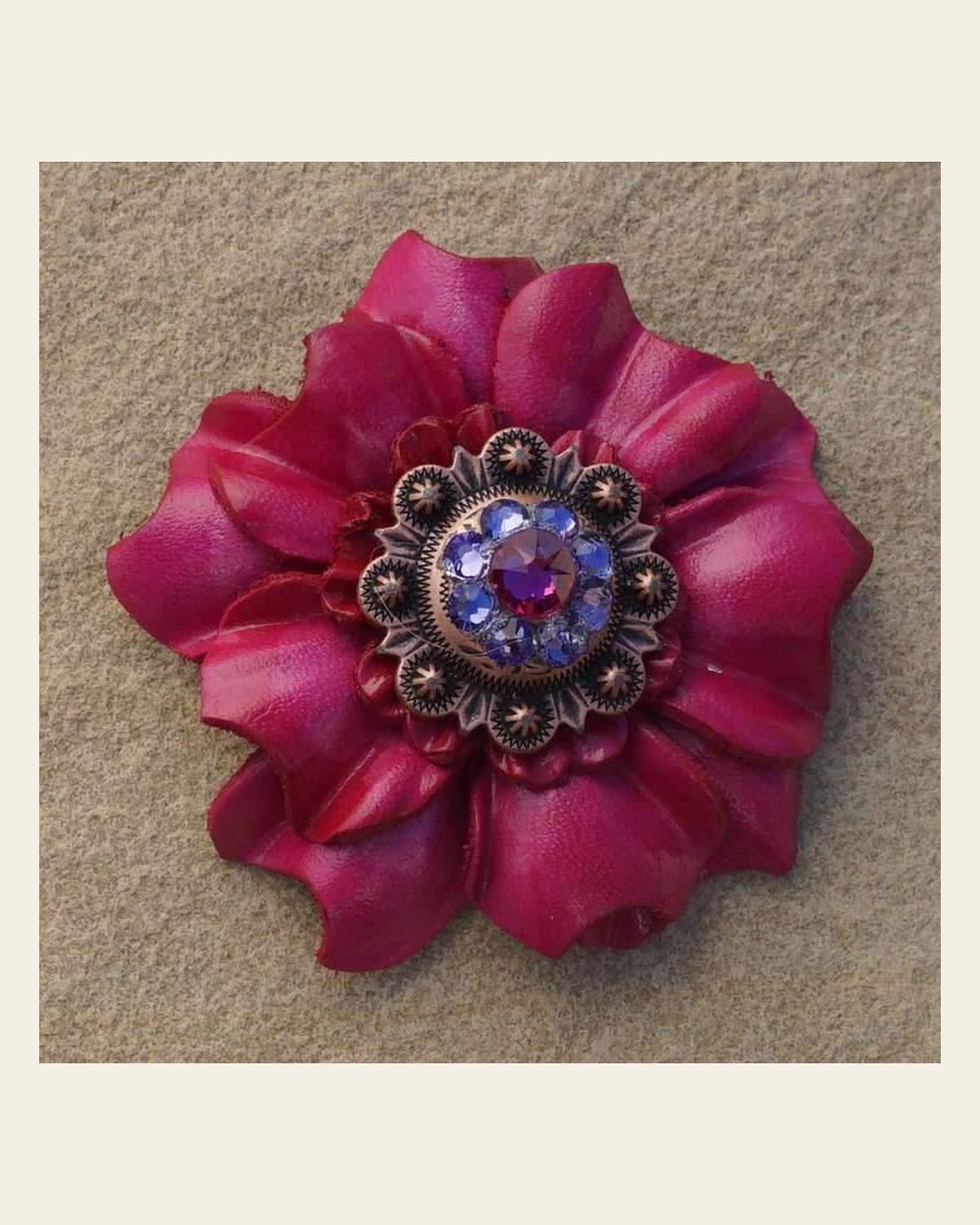 Hot Pink Carnation Flower With Copper Fuchsia & Lilac 1" Concho on a warm cream background