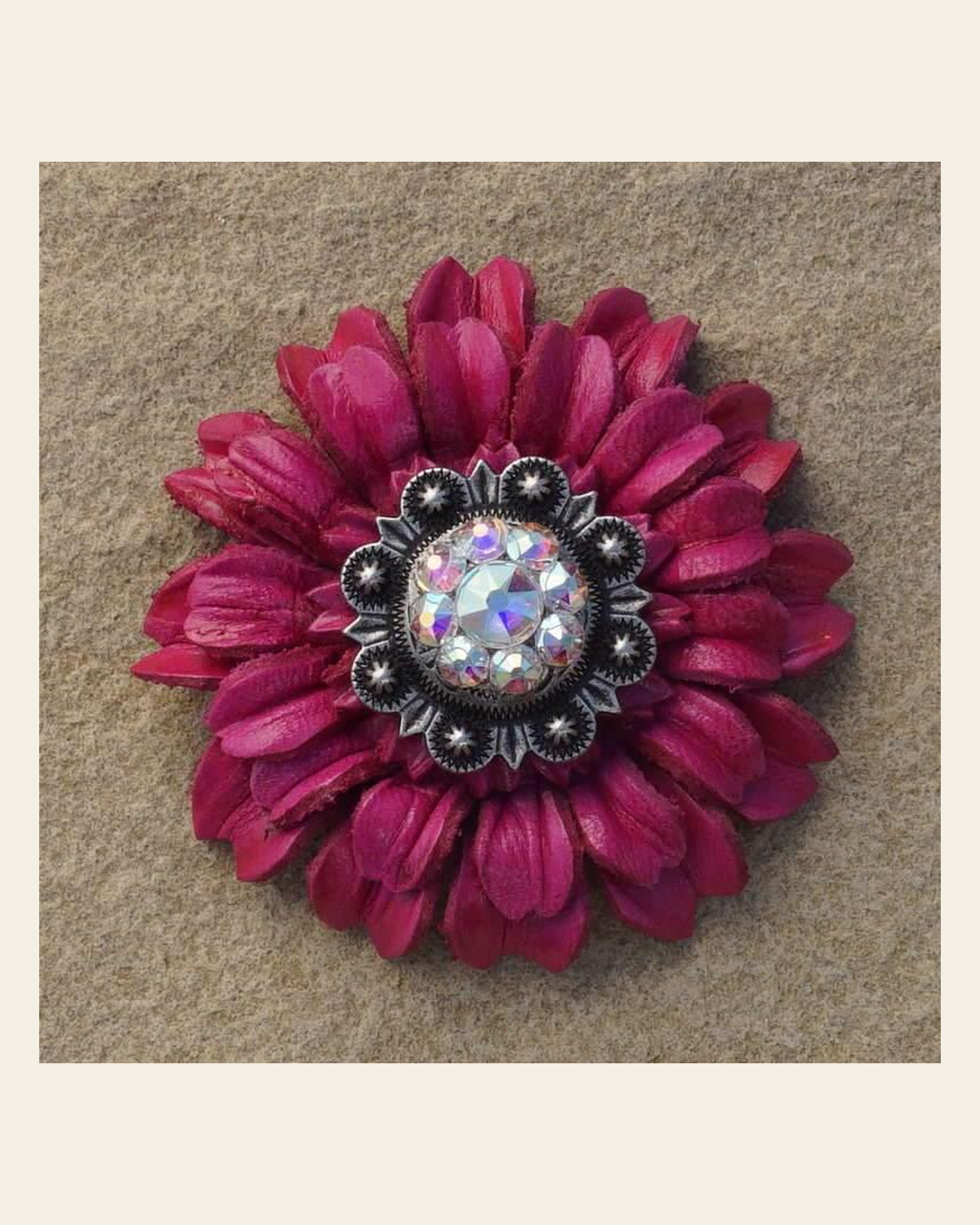 Hot Pink Daisy Flower With Antique Silver AB 1" Concho on a warm cream background