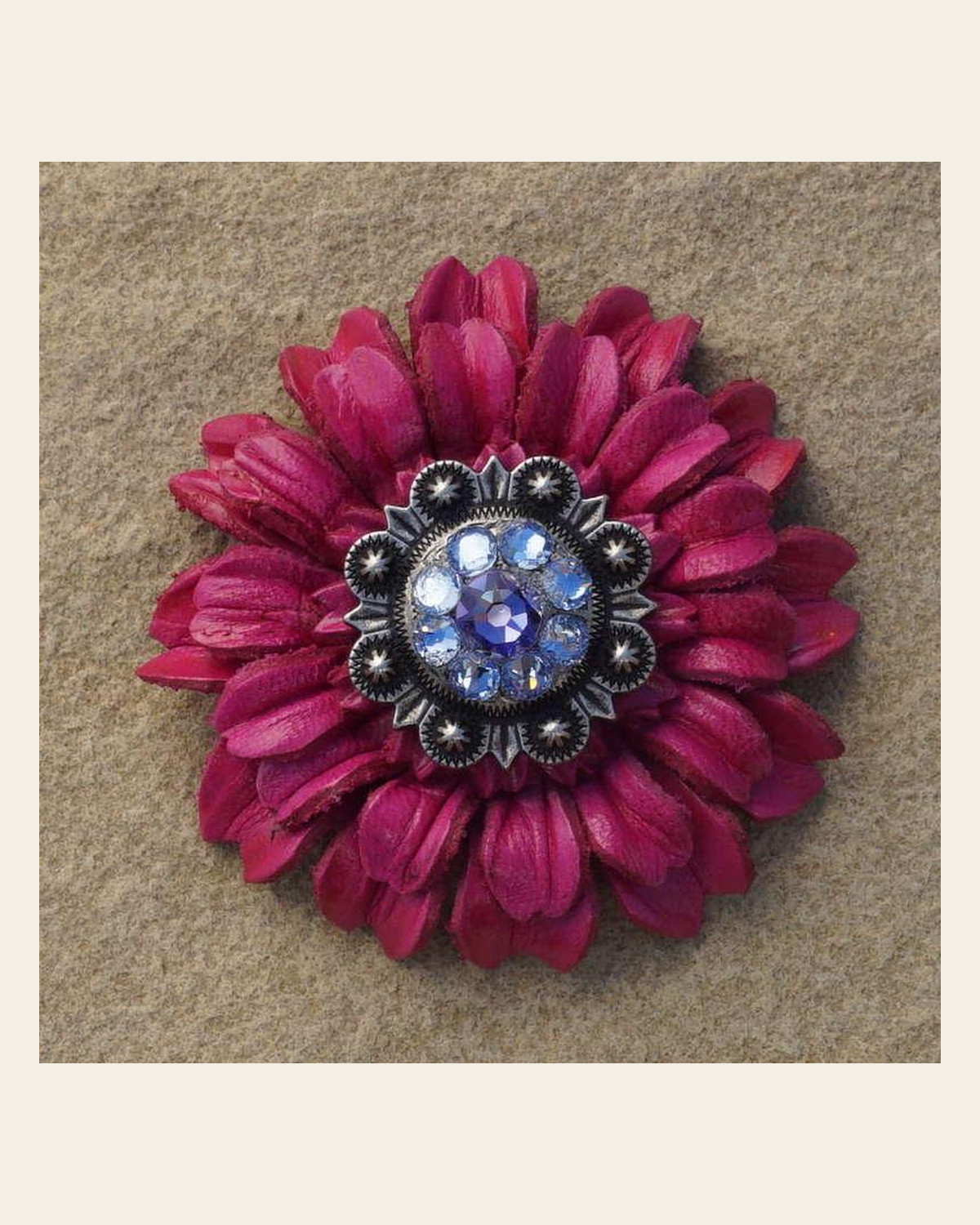 Hot Pink Daisy Flower With Antique Silver Lilac and Light Sapphire 1" Concho on a warm cream background