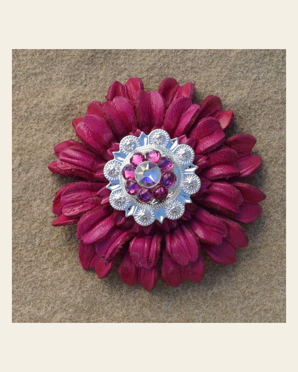 Hot Pink Daisy Flower With Bright Silver Fuchsia and AB 1" Concho on a warm cream background