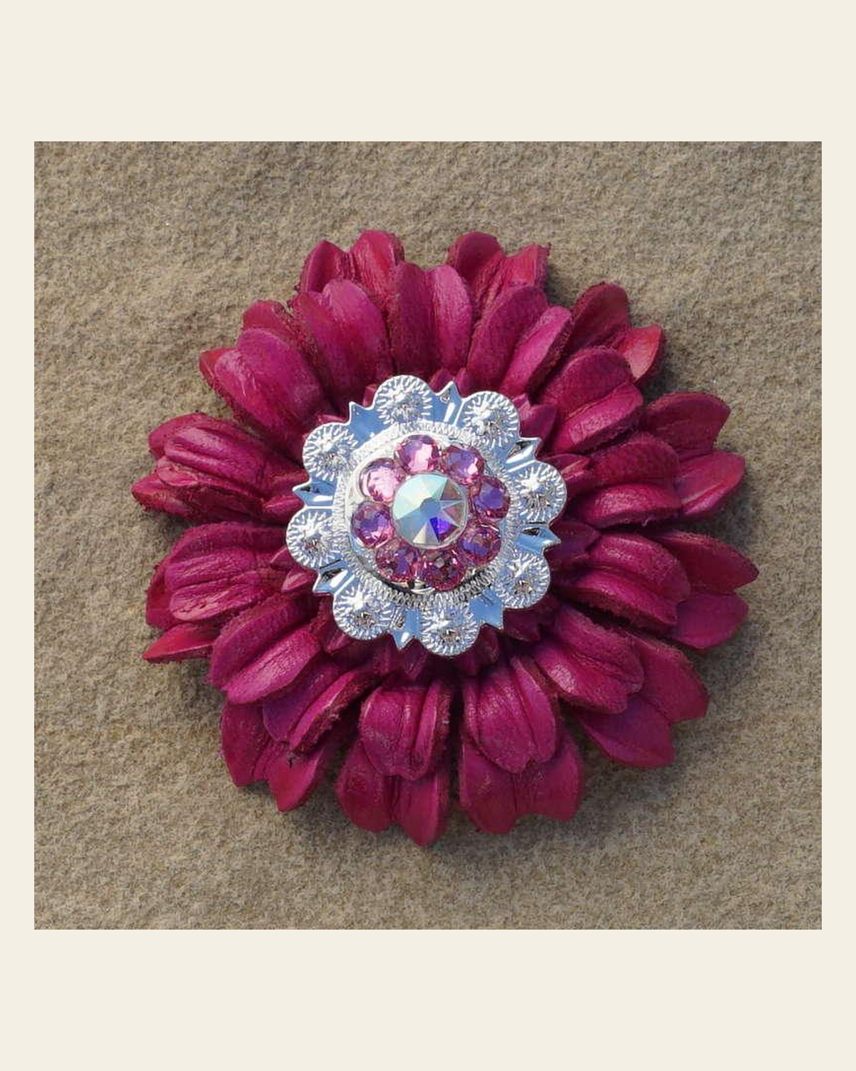 Hot Pink Daisy Flower With Bright Silver Pink and AB 1" Concho on a warm cream background