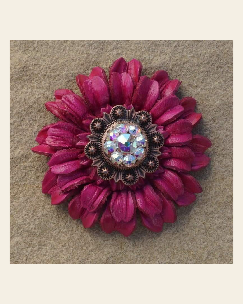 Hot Pink Daisy Flower With Copper AB 1" Concho on a warm cream background