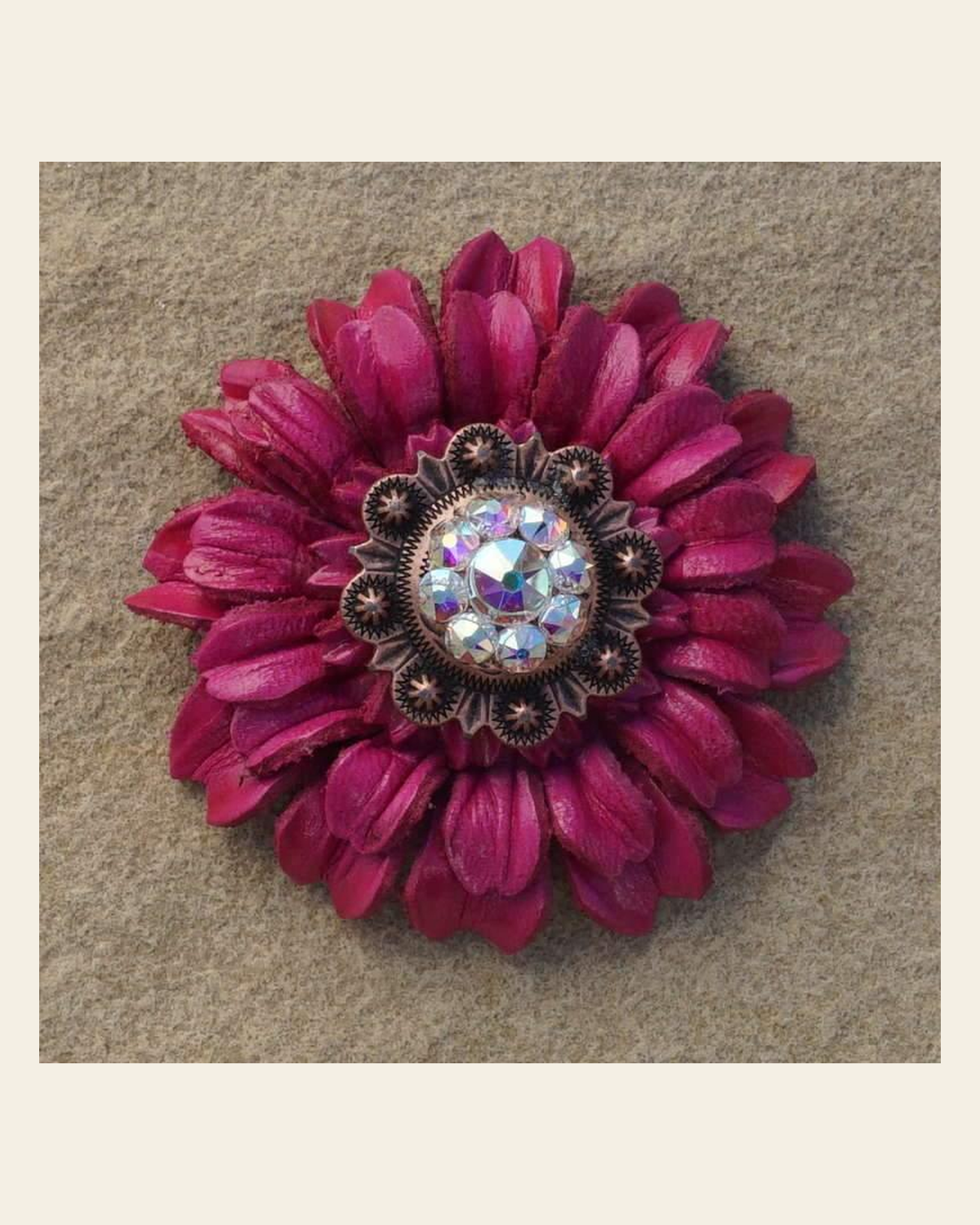 Hot Pink Daisy Flower With Copper AB 1" Concho on a warm cream background
