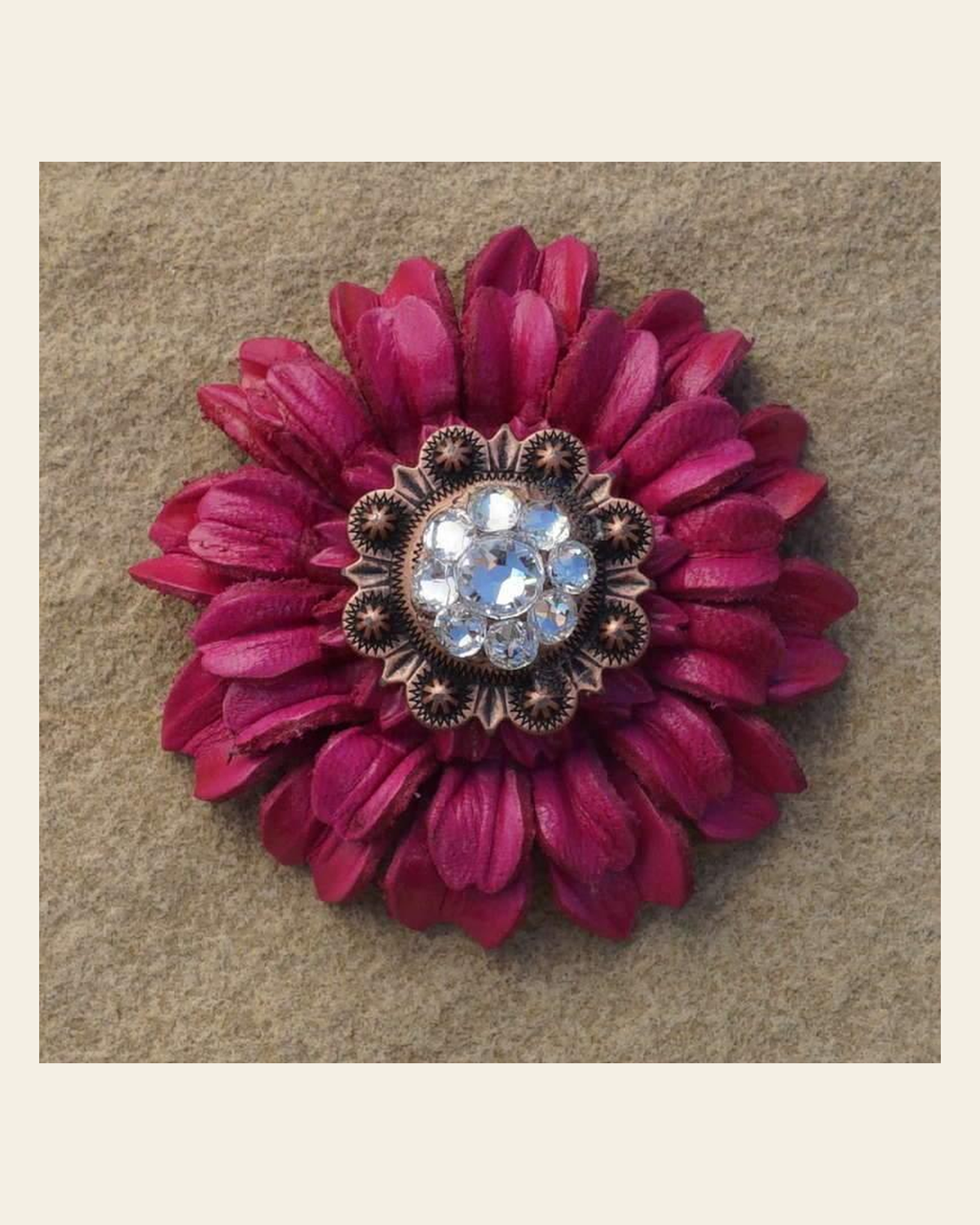 Hot Pink Daisy Flower With Copper Clear 1" Concho on a warm cream background