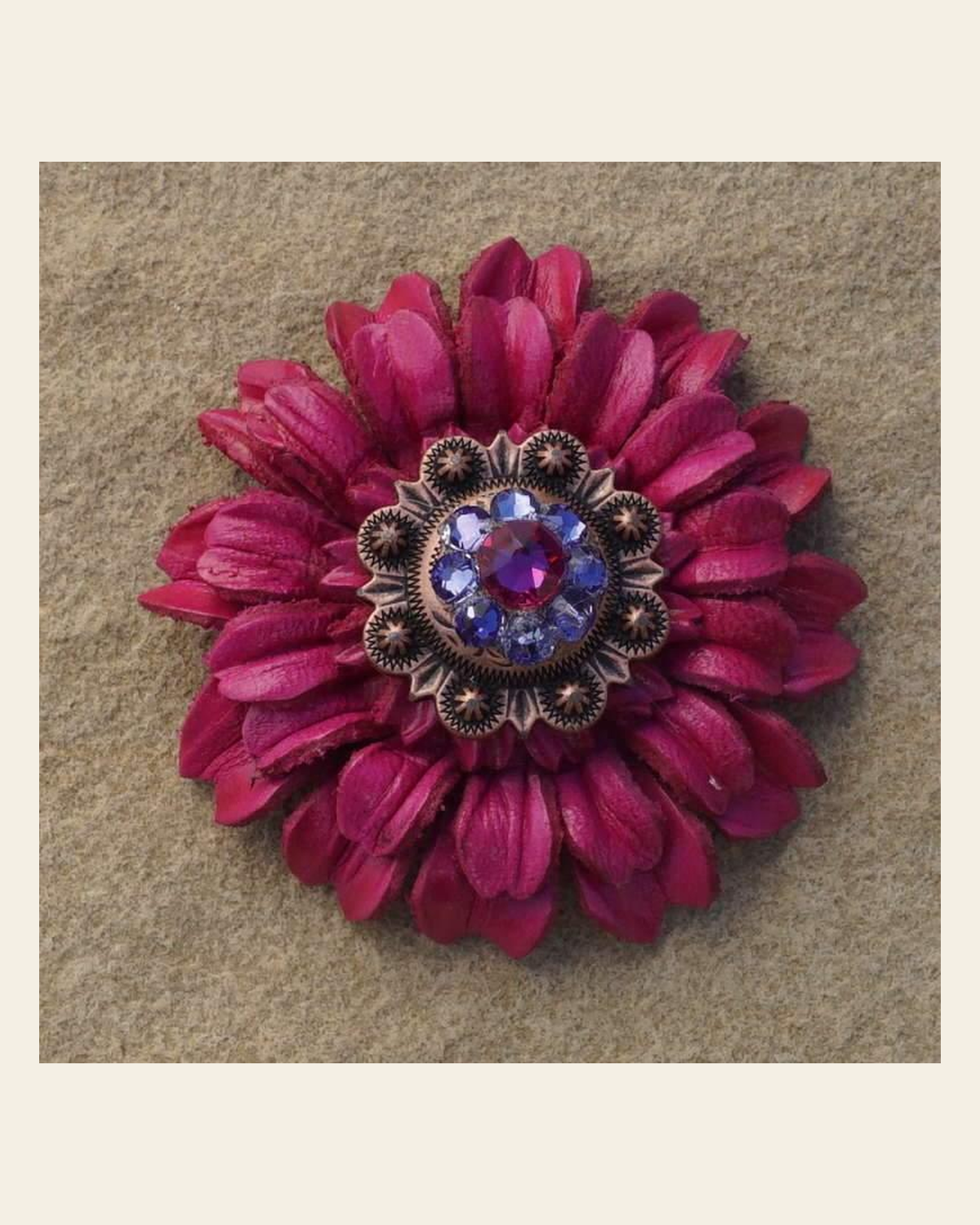 Hot Pink Daisy Flower With Copper Fuchsia & Lilac 1" Concho on a warm cream background