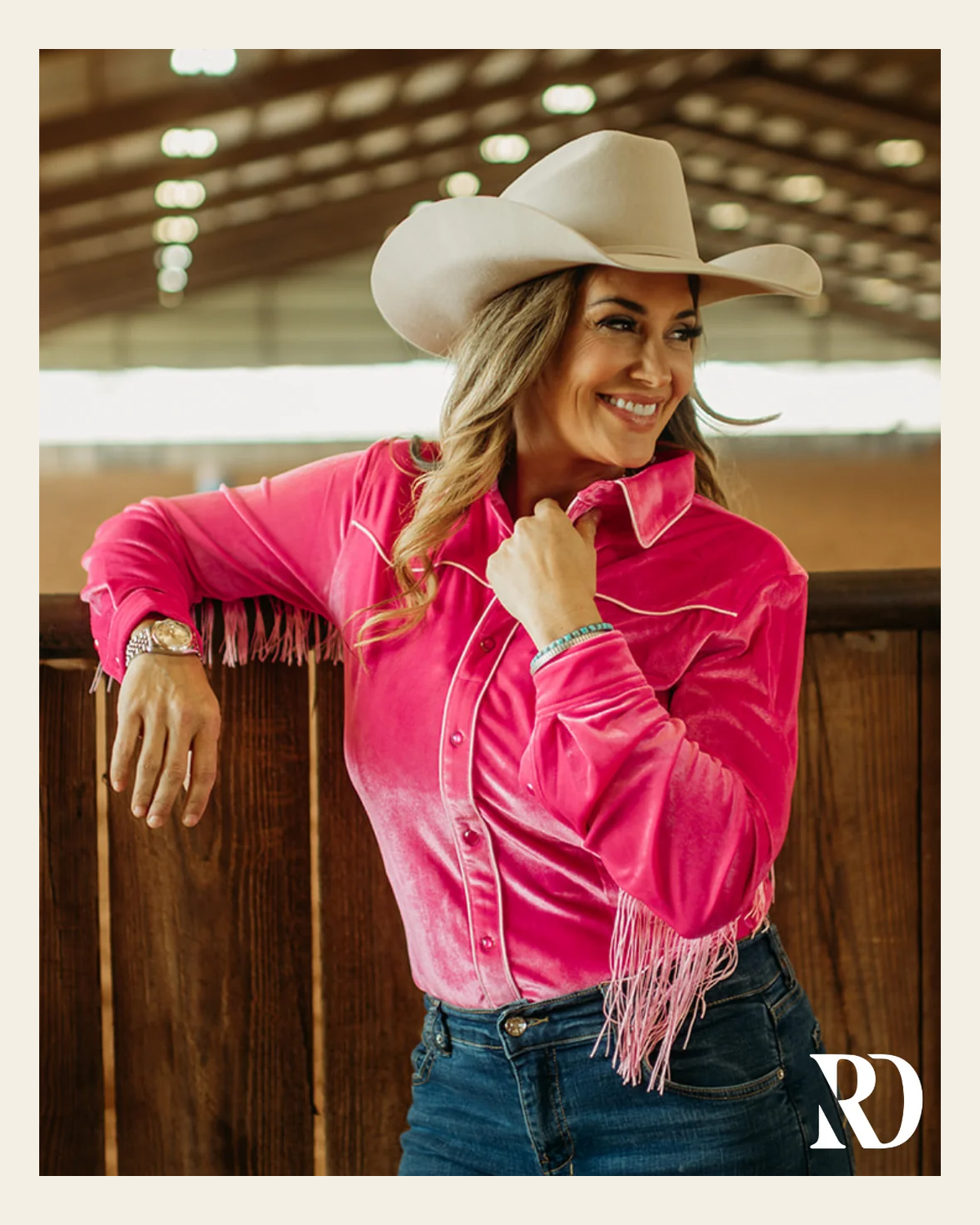 Hot Pink Fringe Velvet Performance Rodeo Shirt (adult) on a warm cream background