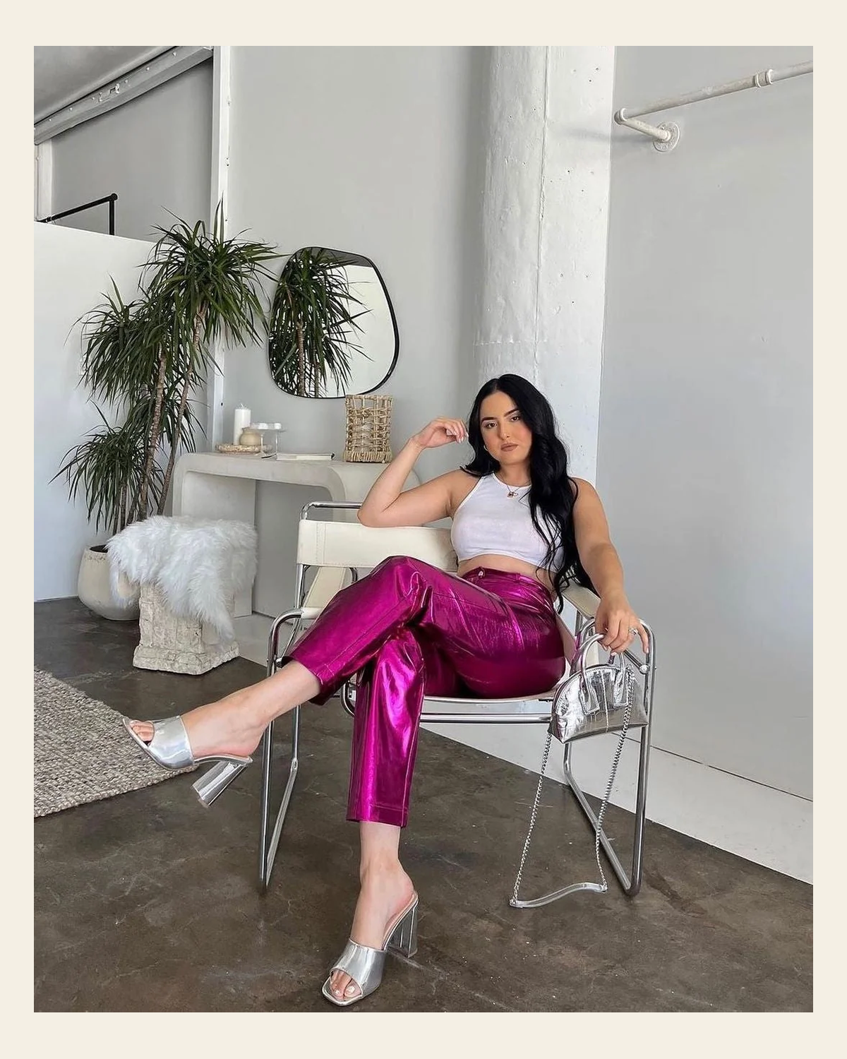 Hot Pink Metallic Trouser on a warm cream background