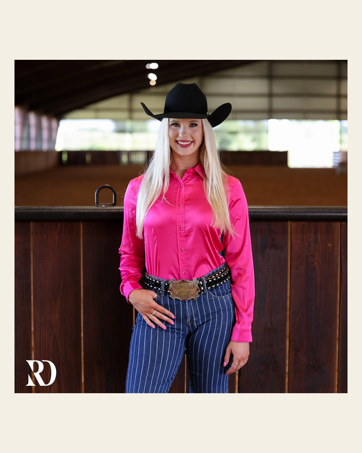 Hot Pink Satin Performance Rodeo Shirt on a warm cream background