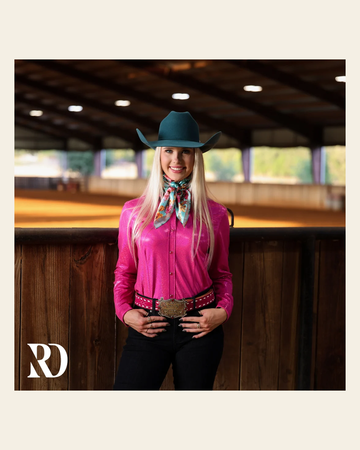 Hot Pink Sparkle Performance Rodeo Shirt on a warm cream background