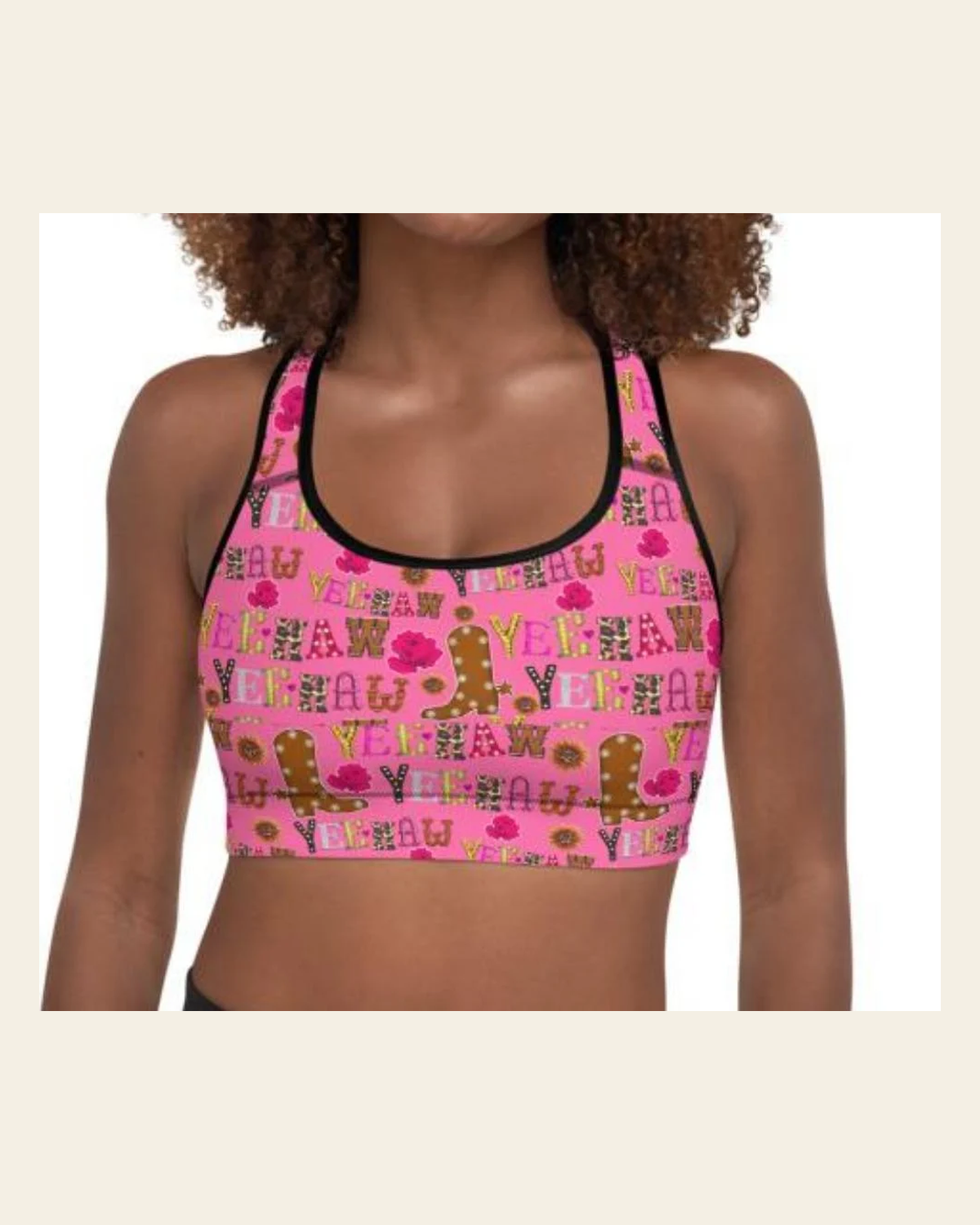 Hot Pink Yeehaw Padded Sports Bra on a warm cream background