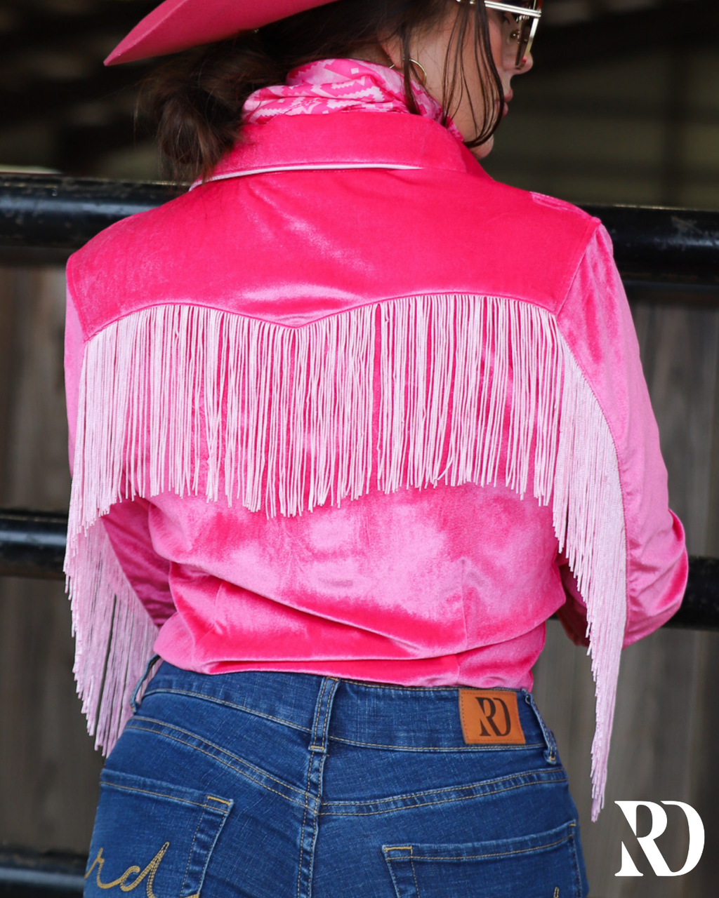Hot Pink Fringe Velvet Performance Rodeo Shirt (adult) — view 2