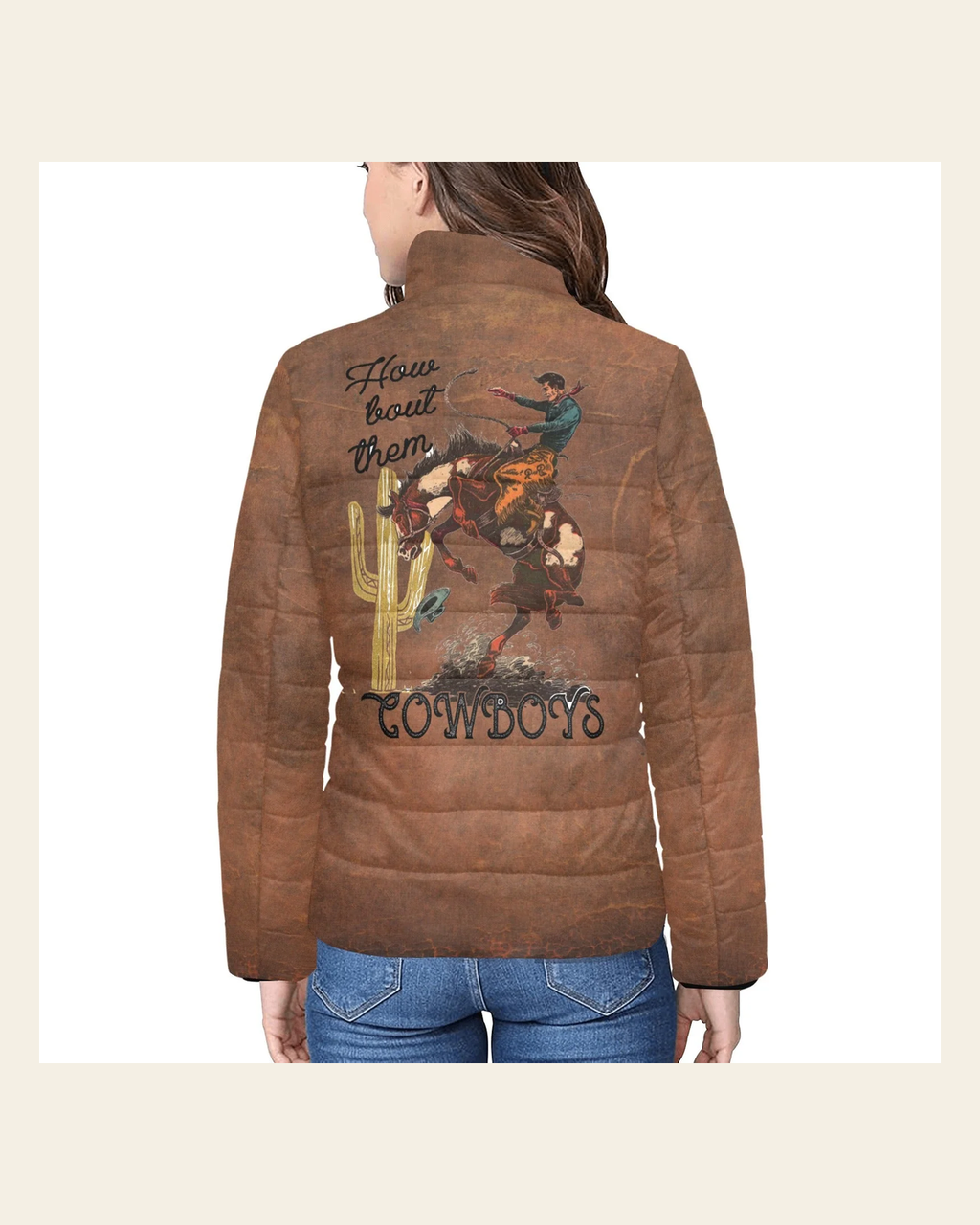 How Bout Them Cowboys Women's Puffy Bomber Jacket on a warm cream background