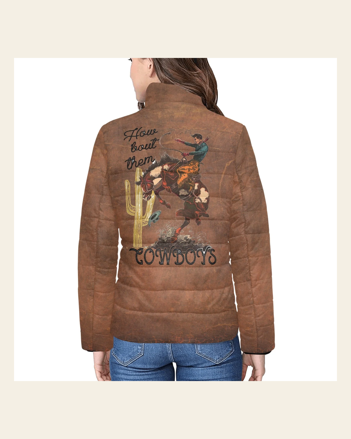 How Bout Them Cowboys Women's Puffy Bomber Jacket on a warm cream background