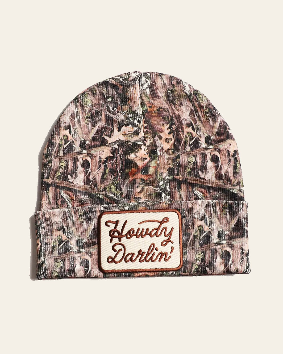 Howdy Darlin Camo | Beanie on a warm cream background