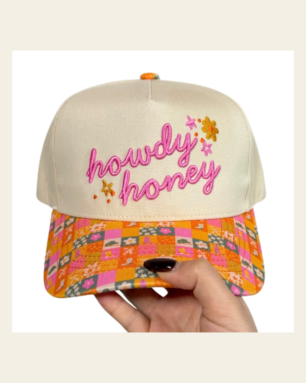 Howdy Honey Checkered Brim Cap | Cap on a warm cream background