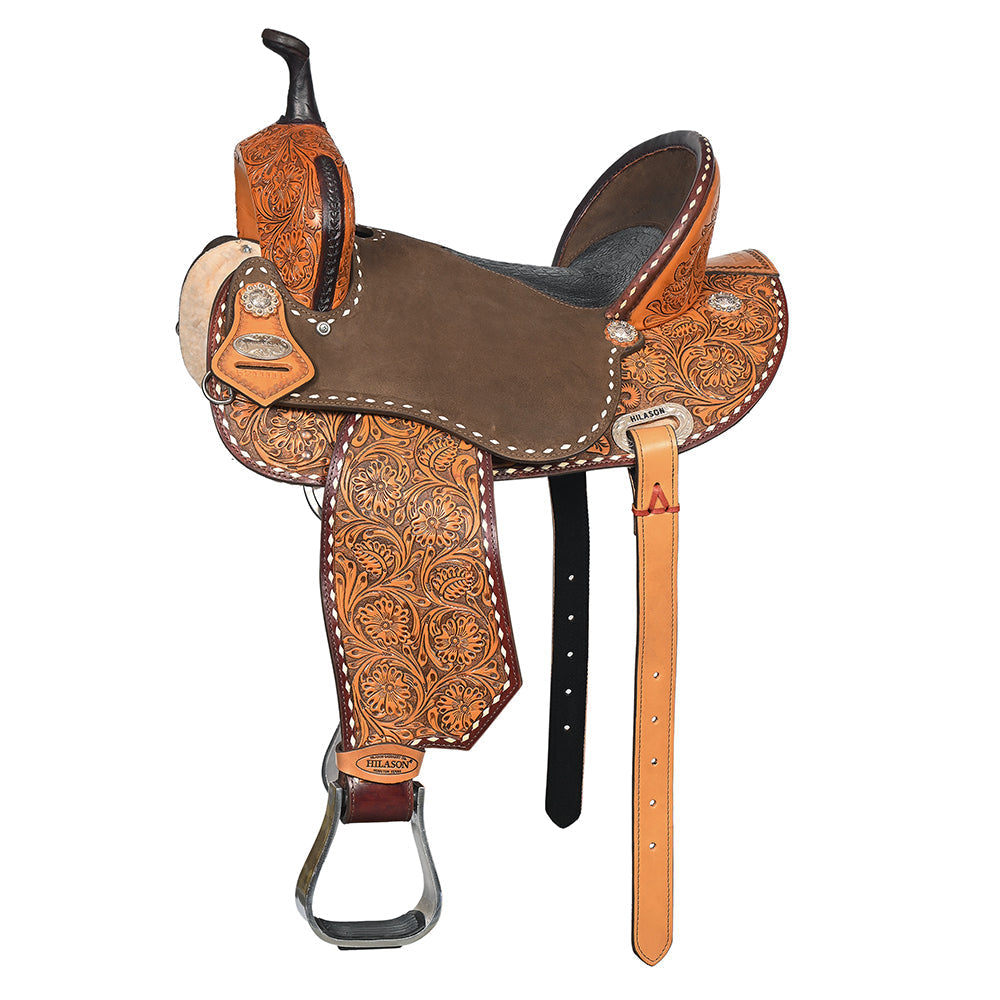 Hilason Western Horse Barrel Flex Tree Trail American Leather Saddle Brown / Tan Gorgeous Floral Hand Tooled & Carved