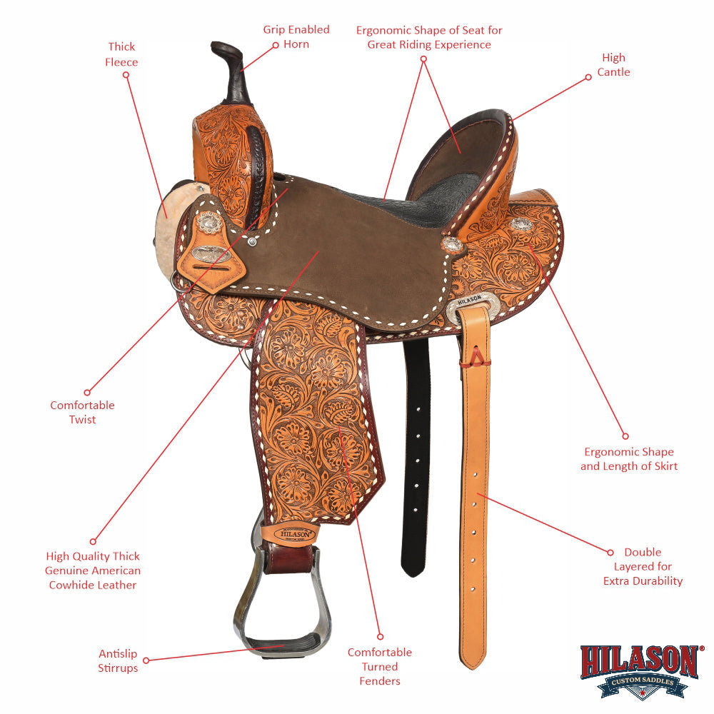 Hilason Western Horse Barrel Flex Tree Trail American Leather Saddle Brown / Tan Gorgeous Floral Hand Tooled & Carved