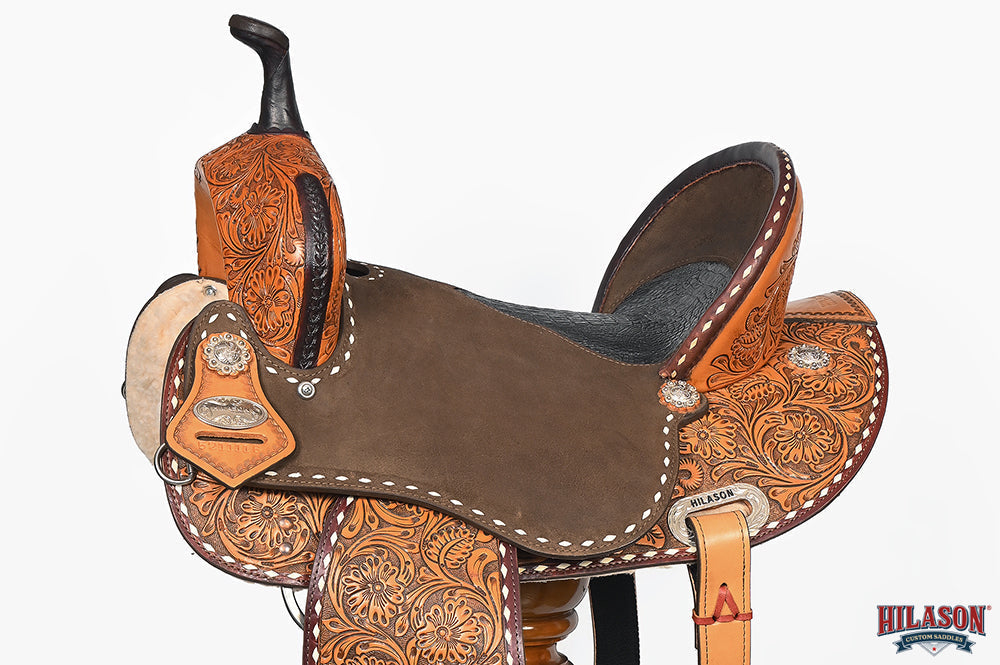 Hilason Western Horse Barrel Flex Tree Trail American Leather Saddle Brown / Tan Gorgeous Floral Hand Tooled & Carved