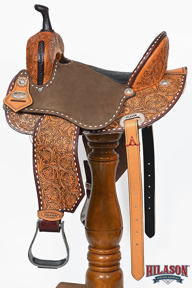 Hilason Western Horse Barrel Flex Tree Trail American Leather Saddle Brown / Tan Gorgeous Floral Hand Tooled & Carved